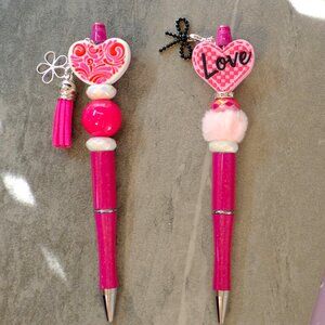 Handmade Pink Hearts Beaded Pens, ball point, charms, beads, journaling